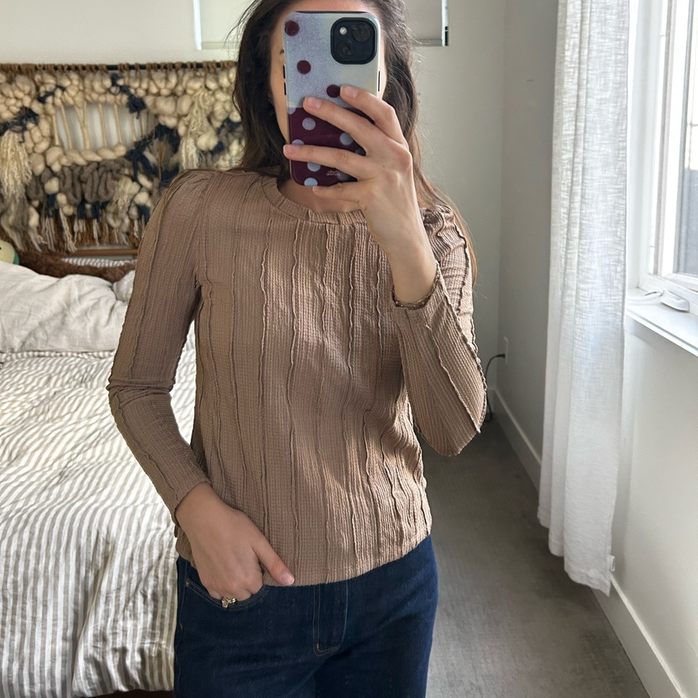 Women's Brown Ribbed Long Sleeve Top | XS